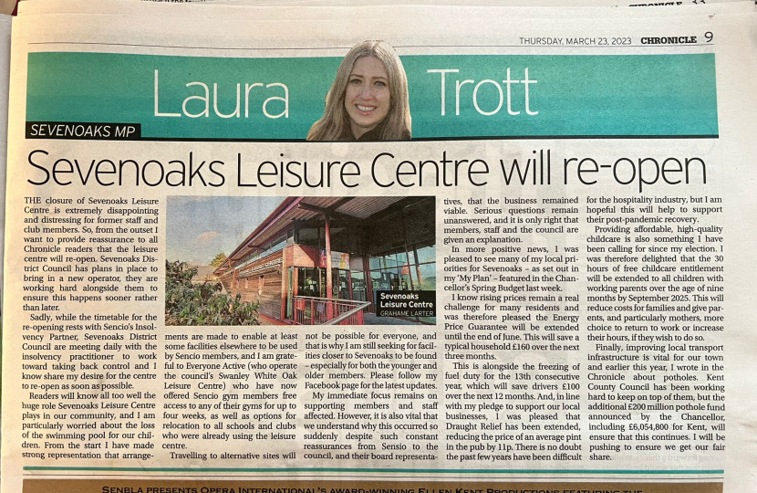 MP COLUMN Sevenoaks Leisure Centre will reopen Laura Trott